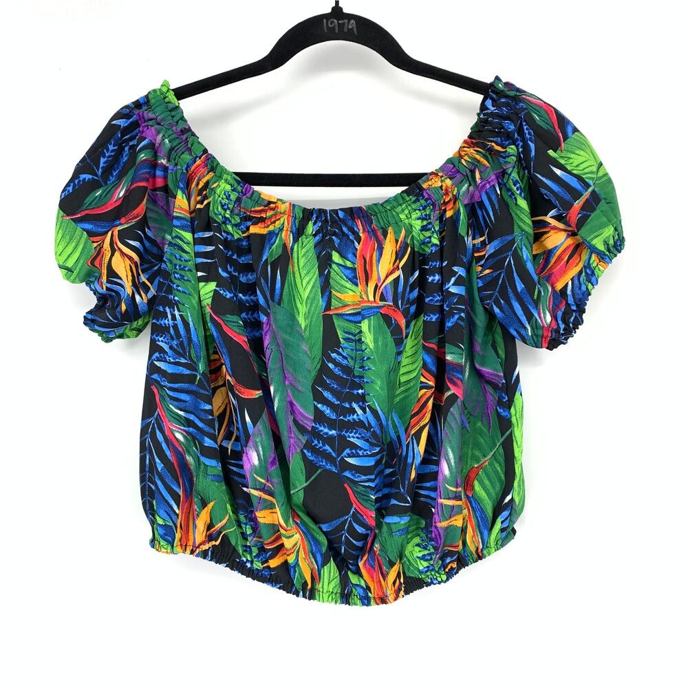 Rachel Zoe Top Womens Large Green Multicolor Off Shoulder Floral Puff Sleeve